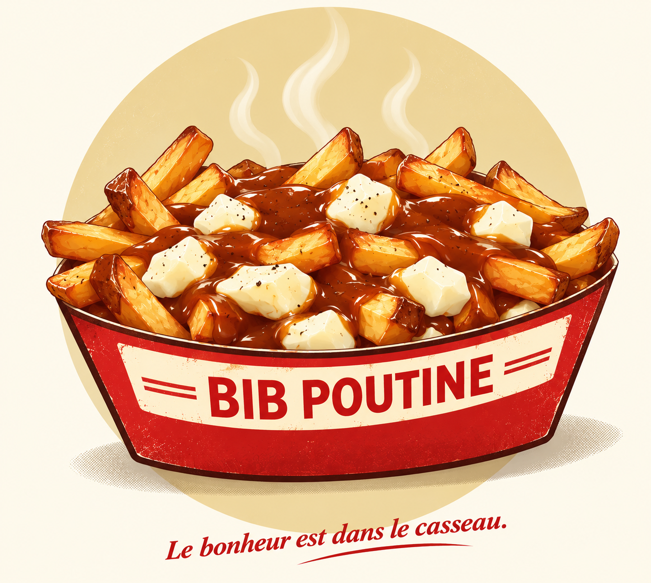 Poutine rétro dans un casseau Bib Poutine. Le bonheur est dans le casseau.